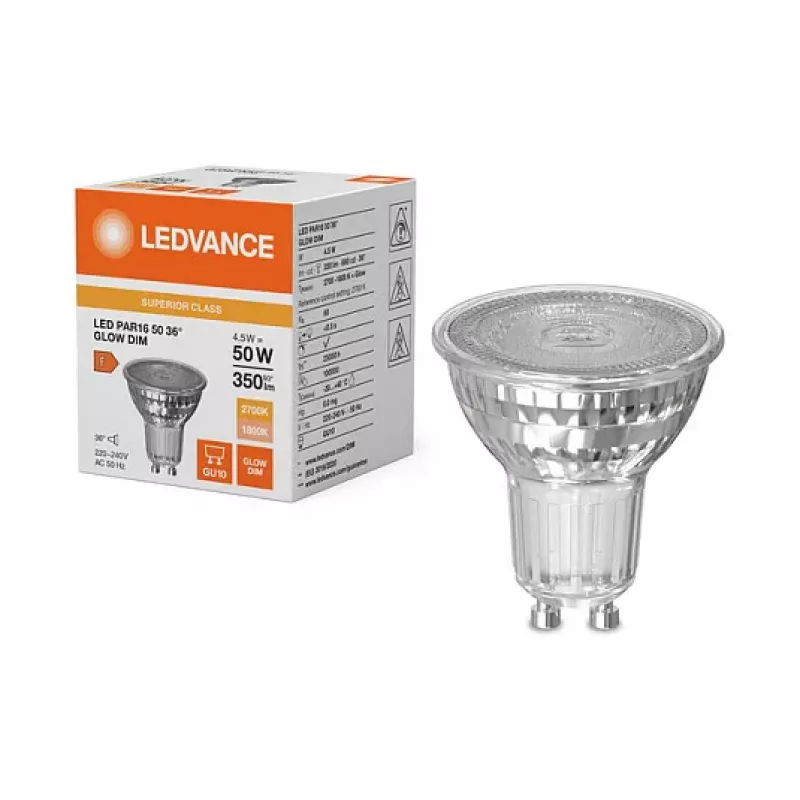 OSRAM PAR16 50 4,5W 827 GU10 LED Reflector Lamp, 350 lm, 1800-2700 K, Dim-to-Warm, Dimmable