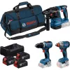 BOSCH Professional 18V kombinuotas rinkinys: plaktukinis grąžtas GBH 18V-22 + sukamasis grąžtas-suktuvas GSR 18V-65 + smūginis veržliasukis GDX 18V-285 (mėlyna/juoda, 3x 5.0Ah Li-Ion akumuliatoriai, dėklas įrankiams)