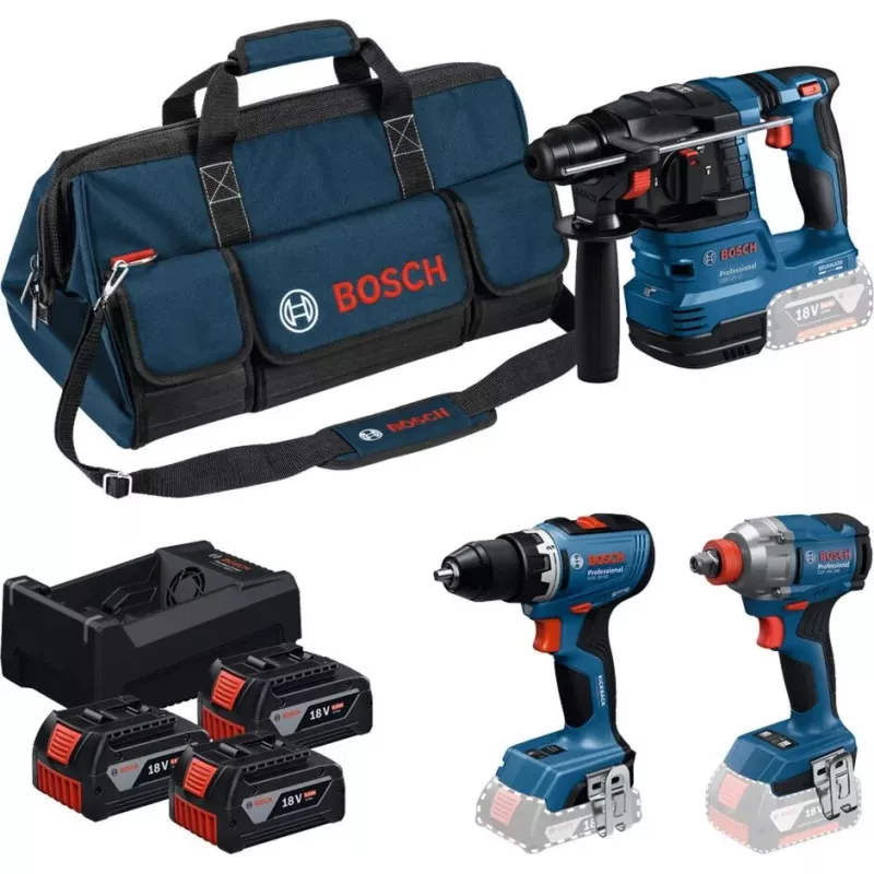 BOSCH Professional 18V kombinuotas rinkinys: plaktukinis grąžtas GBH 18V-22 + sukamasis grąžtas-suktuvas GSR 18V-65 + smūginis veržliasukis GDX 18V-285 (mėlyna/juoda, 3x 5.0Ah Li-Ion akumuliatoriai, dėklas įrankiams)
