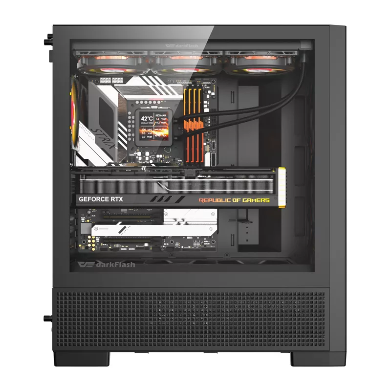 DarkFlash AIRNOVA Big Tower kompiuterio korpusas, E-ATX, 3 x 120 mm ventiliatoriai, USB-C Gen2, juodas