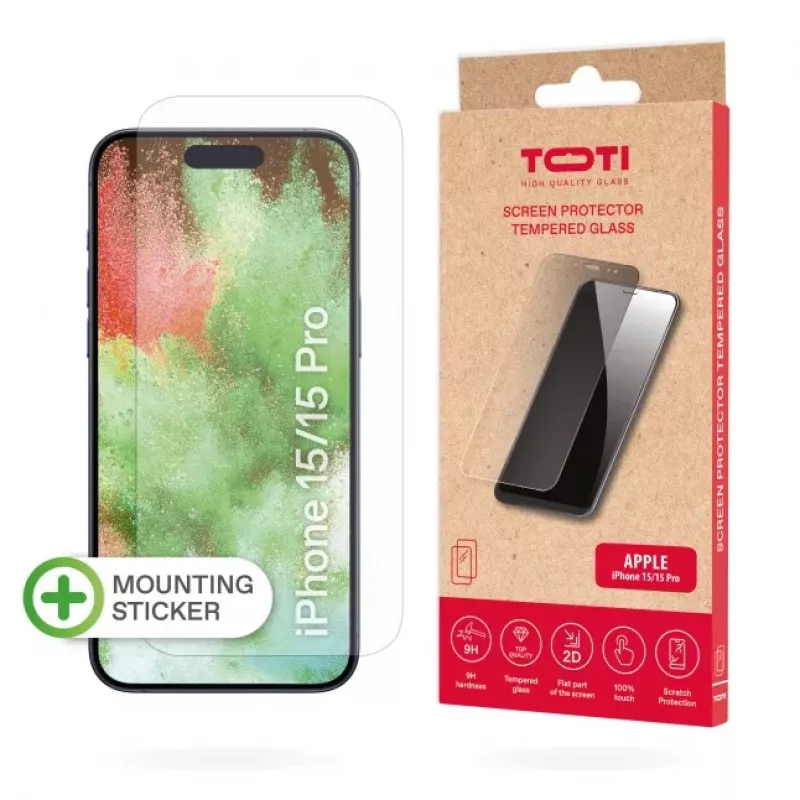 TOTI Grūdinto stiklo 2D ekrano apsauga Full Cover, skirta iPhone 15/15 Pro, permatoma