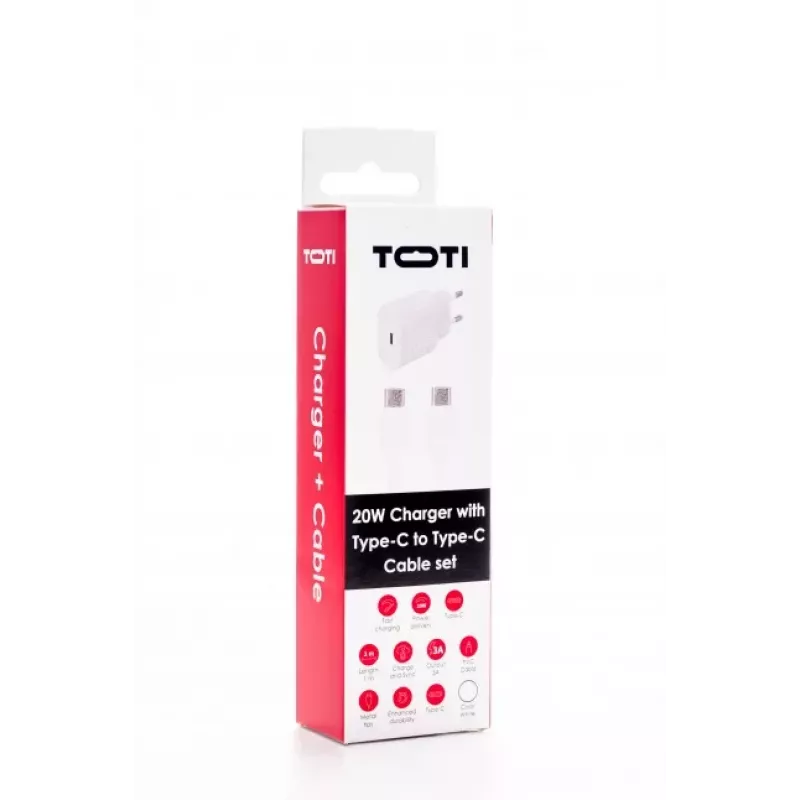 SEEK TOTI 20W Type-C PD sieninis greitasis įkroviklis su Type-C į Type-C 1 m PVC duomenų kabeliu 3A, baltas