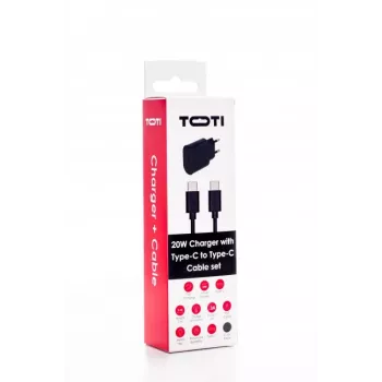 SEEK TOTI 20W Type-C PD sieninis greitasis įkroviklis su USB-C į USB-C, 1 m PVC duomenų kabeliu 3A, juodas