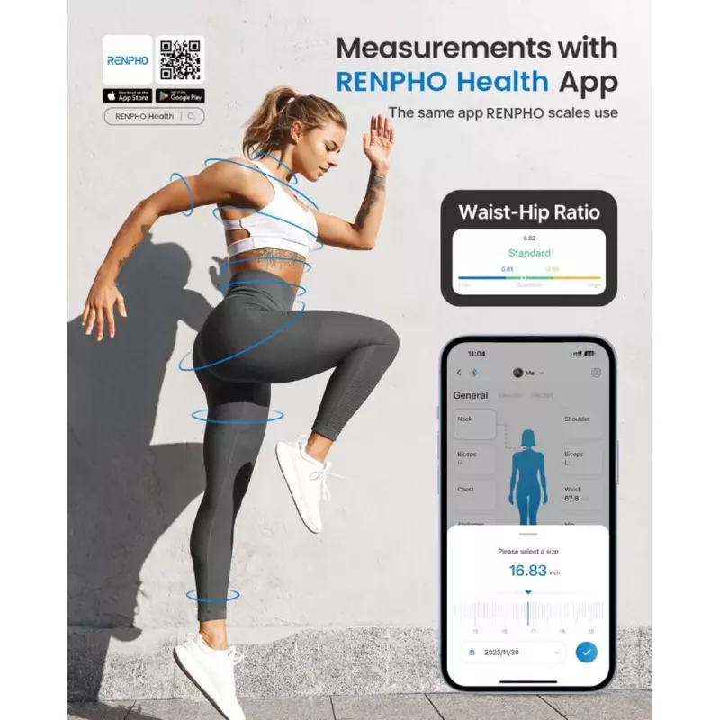 RENPHO Smart Tape Measure - Bluetooth Body Measuring Tape for BMI, Waist, Hip, Arm, Leg, Chest - Auto Retractable, LCD Display, Compatible with Renpho Health App, Apple Health, Google Fit, Samsung Health - Black