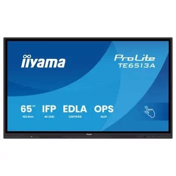 IIYAMA ProLite TE6513A-B3AG 65 colių 4K UHD IPS LED interaktyvus lietimui jautrus ekranas su IR jutikliu, 20 taškų lietimu, Android 11, 400 cd/m², 8ms, HDMI, DisplayPort, USB-C, VGA, LAN, Wi-Fi, Bluetooth, VESA 600x400, juodas