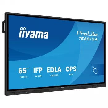 IIYAMA ProLite TE6513A-B3AG 65 colių 4K UHD IPS LED interaktyvus lietimui jautrus ekranas su IR jutikliu, 20 taškų lietimu, Android 11, 400 cd/m², 8ms, HDMI, DisplayPort, USB-C, VGA, LAN, Wi-Fi, Bluetooth, VESA 600x400, juodas