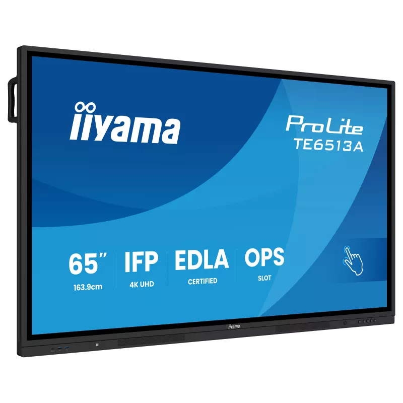 IIYAMA ProLite TE6513A-B3AG 65 colių 4K UHD IPS LED interaktyvus lietimui jautrus ekranas su IR jutikliu, 20 taškų lietimu, Android 11, 400 cd/m², 8ms, HDMI, DisplayPort, USB-C, VGA, LAN, Wi-Fi, Bluetooth, VESA 600x400, juodas