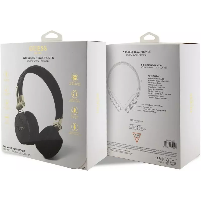 GUESS GUBH704GEMK „Over-Ear“ belaidės Bluetooth ausinės, juodos, su 4G metalo logotipu