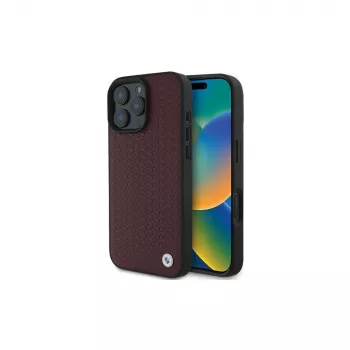 BMW iPhone 16 Pro Max Raudonas Kietas Dėklas Sign Leather Diamond Metal Logo MagSafe