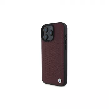 BMW iPhone 16 Pro Max Raudonas Kietas Dėklas Sign Leather Diamond Metal Logo MagSafe