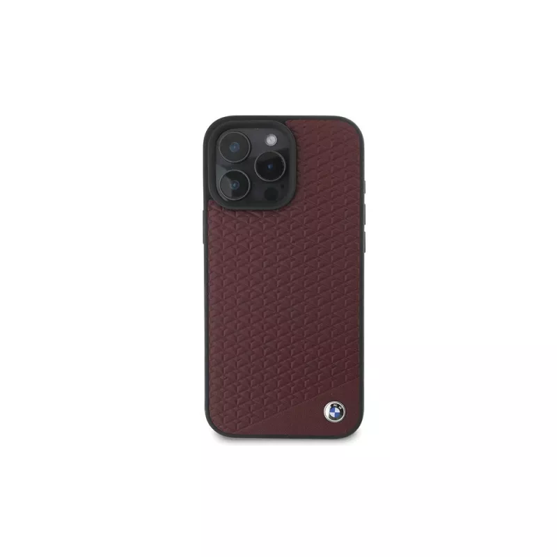 BMW iPhone 16 Pro Max Raudonas Kietas Dėklas Sign Leather Diamond Metal Logo MagSafe