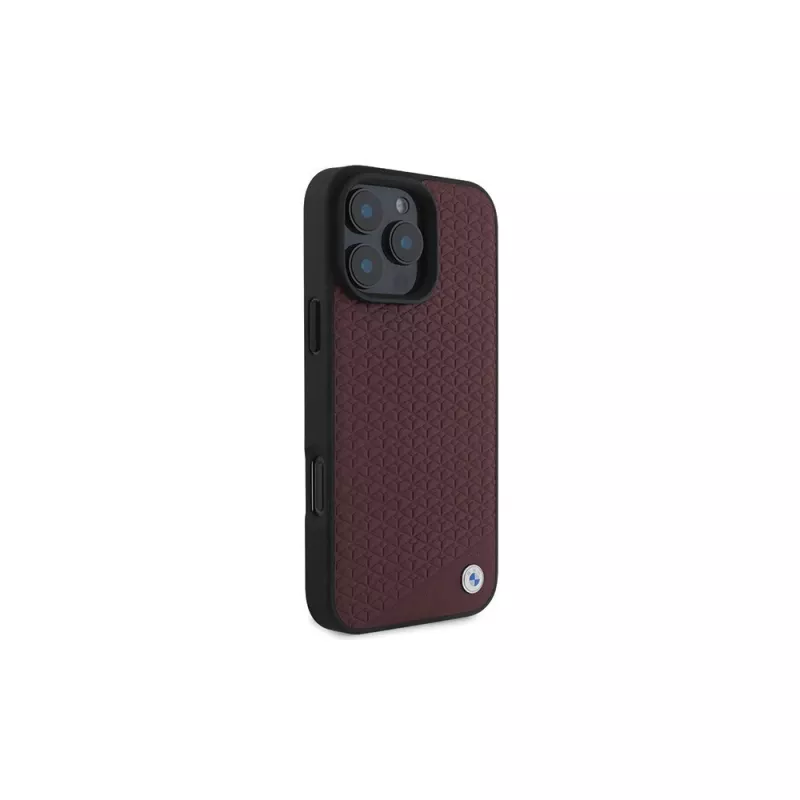 BMW iPhone 16 Pro Max Raudonas Kietas Dėklas Sign Leather Diamond Metal Logo MagSafe