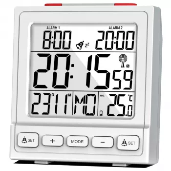 MEBUS 56813 Skaitmeninis žadintuvas – baltas, stačiakampis, 12/24h, °C/°F
