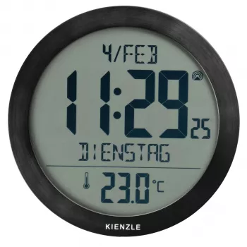 KIENZLE DCF radijo valdomas sieninis laikrodis su kambario temperatūros rodmeniu, juodas