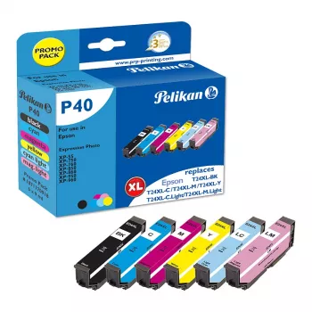 Pelikan P40 suderinamų rašalo kasečių rinkinys 6 vnt., skirtas Epson Expression Photo XP-55/XP-750/XP-760/XP-850/XP-950/XP-960 (Juoda, Cyan, Šviesiai Cyan, Šviesiai Magenta, Magenta, Geltona)