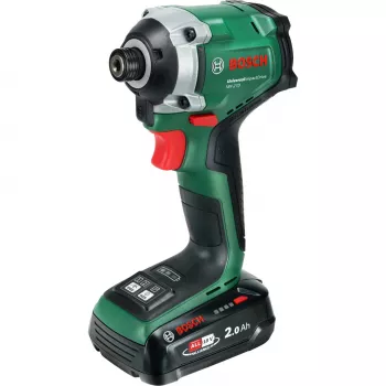 BOSCH UniversalImpactDrive 18V-210 belaidis smūginis suktuvas (18V, 2.0Ah, Li-Ion, 1/4 colio šešiakampis, 210 Nm, 3400 aps./min., dėklas, POWER FOR ALL ALLIANCE)