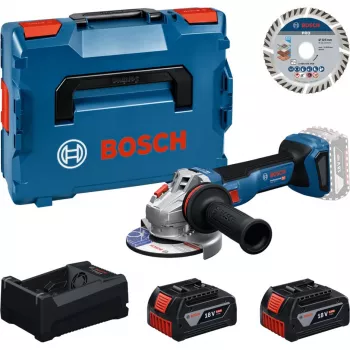 BOSCH Professional belaidis kampinis šlifuoklis 18V 2x5.0Ah su pjovimo disku 125mm L-BOXX dėkle