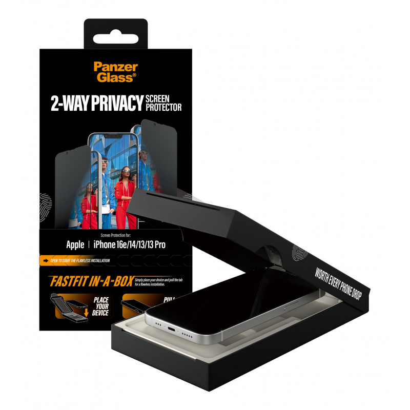 PanzerGlass 2-Way Privacy Screen Protector, skirta iPhone 17e/16e/14/13/13 Pro, Ultra-Wide Fit su FastFit In-A-Box (PG02105)
