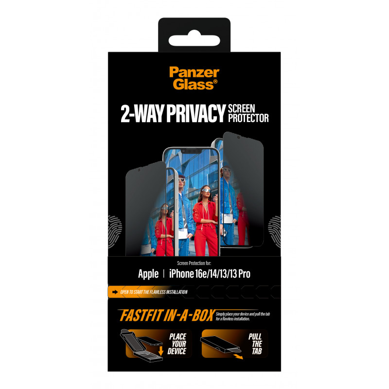 PanzerGlass 2-Way Privacy Screen Protector, skirta iPhone 17e/16e/14/13/13 Pro, Ultra-Wide Fit su FastFit In-A-Box (PG02105)