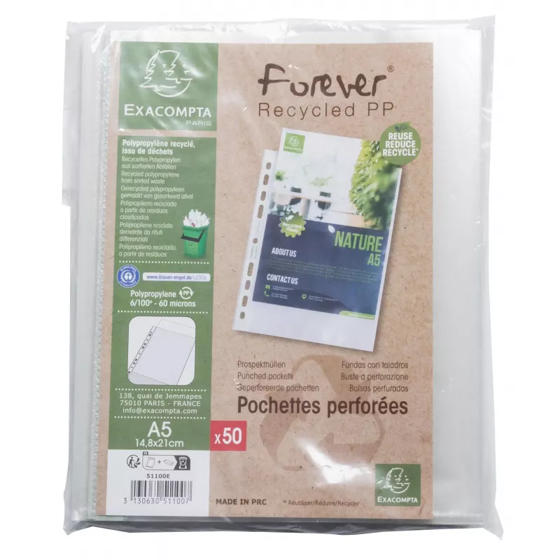 Exacompta Forever A5 perforuoti kišenėliai 50 vnt. permatomi grūdėti 0,06 mm