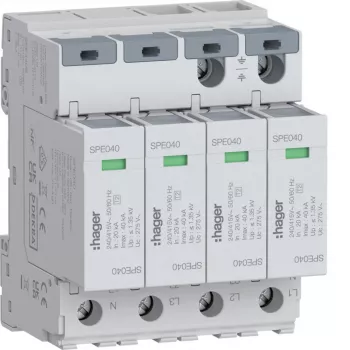 Hager Apsaugos nuo viršįtampių įtaisas 4P SPE440S 2 tipo TN-S Uc 275V In 20kA Imax 40kA