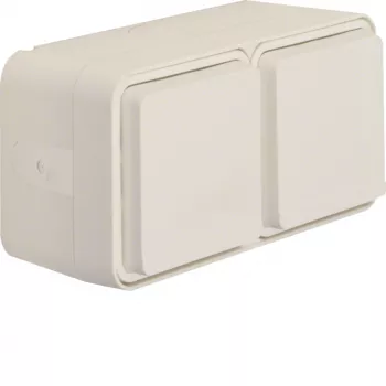 Hager WNC144B SCHUKO paviršinis lizdas 2-vietis horizontalus IP55 su uždedamu dangteliu, Polar White