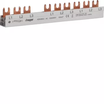 Hager KDN363J 3-polių fazinis šyninis tiltelis su šakiniu jungimu 10mm² 63A 10 modulių