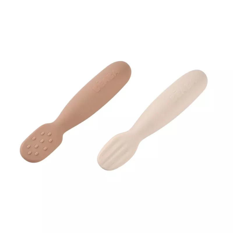 Beaba 2 vienetų silikoninių pirmųjų šaukštelių-kramtukų rinkinys Praline/Clay