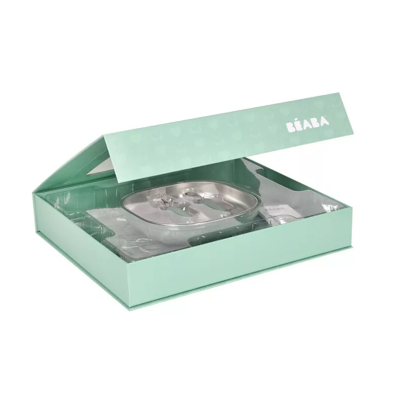 Beaba First Meals 3-in-1 dovanų rinkinys (lėkštė, stalo įrankių rinkinys, seilinukas) Sage Green