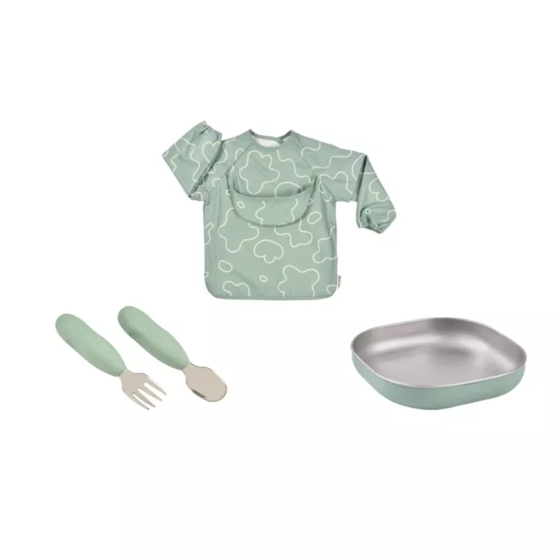 Beaba First Meals 3-in-1 dovanų rinkinys (lėkštė, stalo įrankių rinkinys, seilinukas) Sage Green