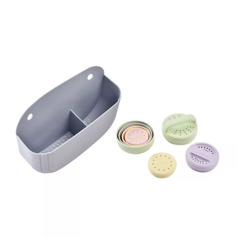 Beaba Silicone Bath Set: Mint/Multi-Colors Toys & Pebble Storage Basket
