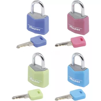 Master Lock 9120EURQCOLNOP 20 mm kieto aliuminio spynų rinkinys 4 vnt. (mėlyna, žalia, rožinė, violetinė)