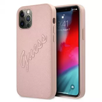 Guess GUHCP12LRSAVSRG Saffiano Vintage Script Hard Case, skirtas Apple iPhone 12 Pro Max, rožinė
