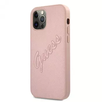 Guess GUHCP12LRSAVSRG Saffiano Vintage Script Hard Case, skirtas Apple iPhone 12 Pro Max, rožinė