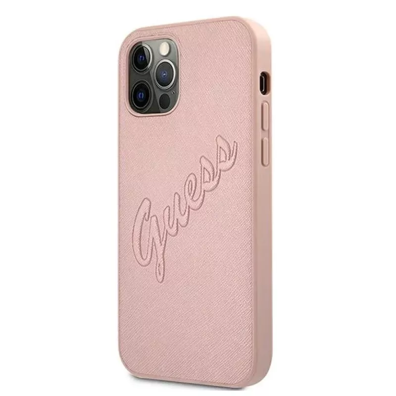 Guess GUHCP12LRSAVSRG Saffiano Vintage Script Hard Case, skirtas Apple iPhone 12 Pro Max, rožinė