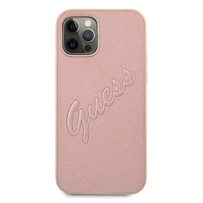 Guess GUHCP12LRSAVSRG Saffiano Vintage Script Hard Case, skirtas Apple iPhone 12 Pro Max, rožinė