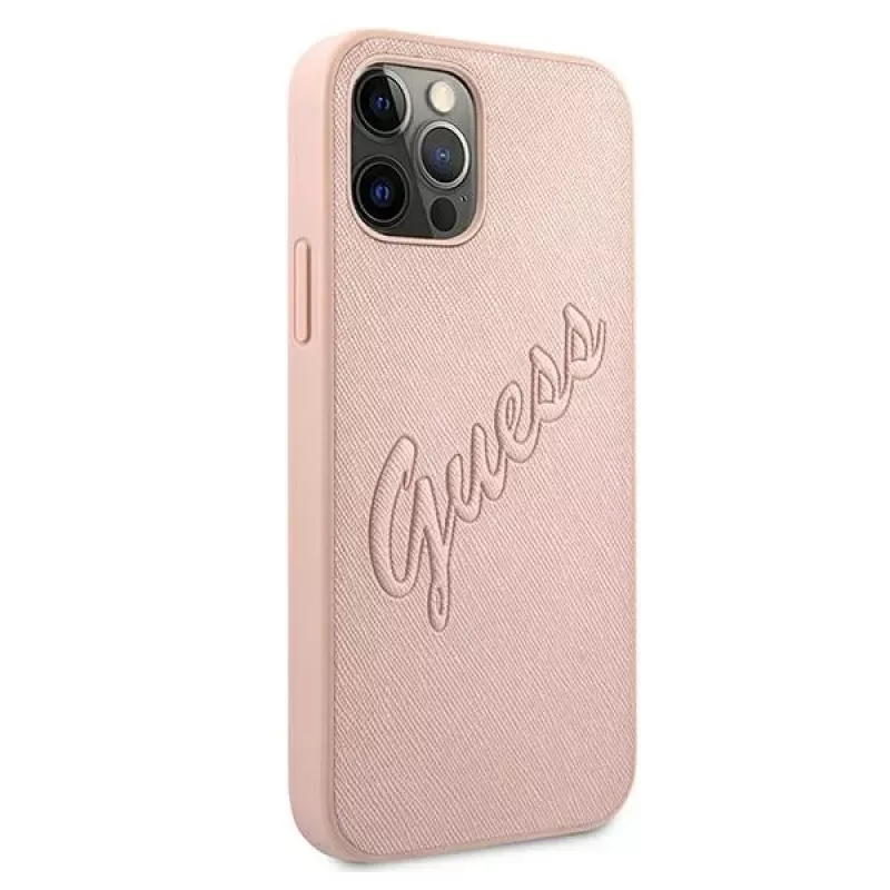 Guess GUHCP12LRSAVSRG Saffiano Vintage Script Hard Case, skirtas Apple iPhone 12 Pro Max, rožinė