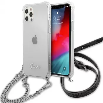 Guess GUHCP12LKC4GSSI iPhone 12 Pro Max 6,7 inch Skaidrus kietas dėklas su sidabrine grandinėle – 4G kolekcija