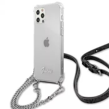 Guess GUHCP12LKC4GSSI iPhone 12 Pro Max 6,7 inch Skaidrus kietas dėklas su sidabrine grandinėle – 4G kolekcija