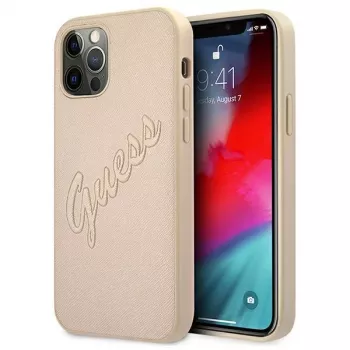 Guess Saffiano Vintage Script Hard Case, skirta Apple iPhone 12 Pro Max 6,7 inch - Auksinė