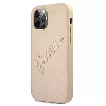 Guess Saffiano Vintage Script Hard Case, skirta Apple iPhone 12 Pro Max 6,7 inch - Auksinė