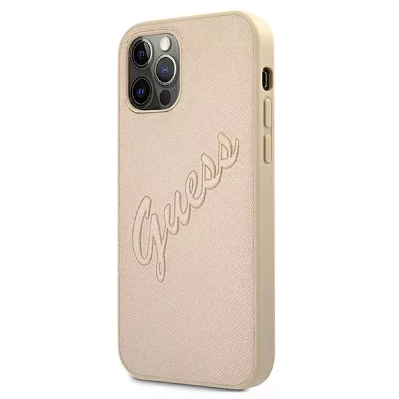 Guess Saffiano Vintage Script Hard Case, skirta Apple iPhone 12 Pro Max 6,7 inch - Auksinė