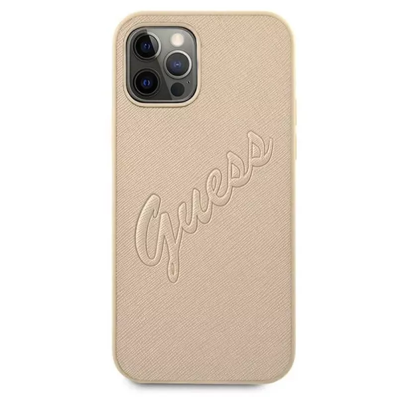 Guess Saffiano Vintage Script Hard Case, skirta Apple iPhone 12 Pro Max 6,7 inch - Auksinė