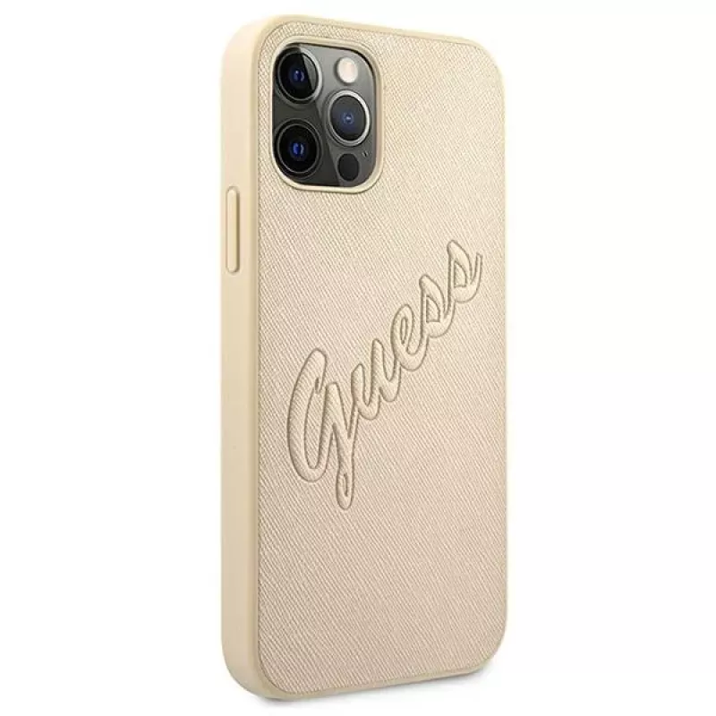 Guess Saffiano Vintage Script Hard Case, skirta Apple iPhone 12 Pro Max 6,7 inch - Auksinė