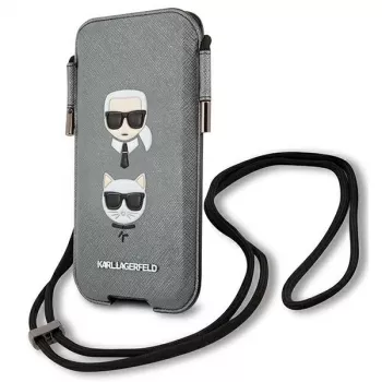 Karl Lagerfeld Ikonik Hardcase, skirta Apple iPhone 12 Pro Max, pilka Saffiano PU, Karl & Choupette Head dizainas