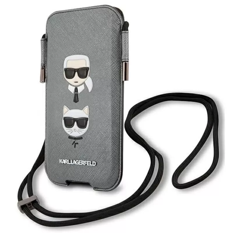 Karl Lagerfeld Ikonik Hardcase, skirta Apple iPhone 12 Pro Max, pilka Saffiano PU, Karl & Choupette Head dizainas