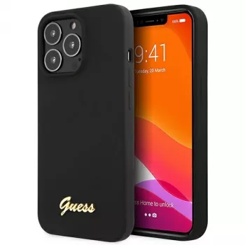 Guess GUHCP13XLSLMGBK iPhone 13 Pro Max 6,7 inch Black Silicone Hard Case with Script Gold Logo