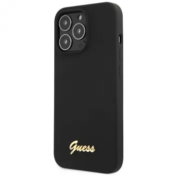 Guess GUHCP13XLSLMGBK iPhone 13 Pro Max 6,7 inch Black Silicone Hard Case with Script Gold Logo