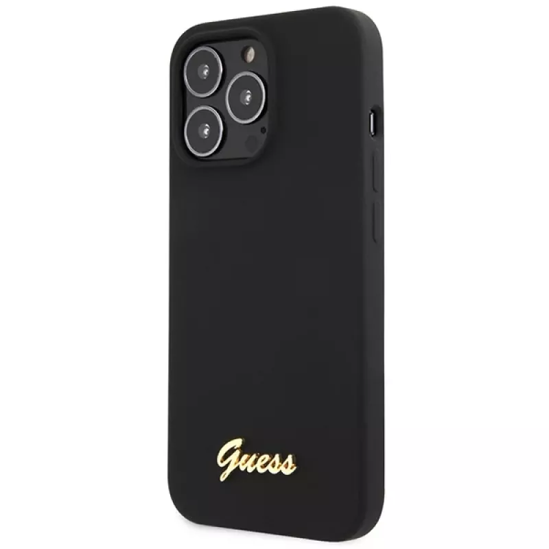Guess GUHCP13XLSLMGBK iPhone 13 Pro Max 6,7 inch Black Silicone Hard Case with Script Gold Logo