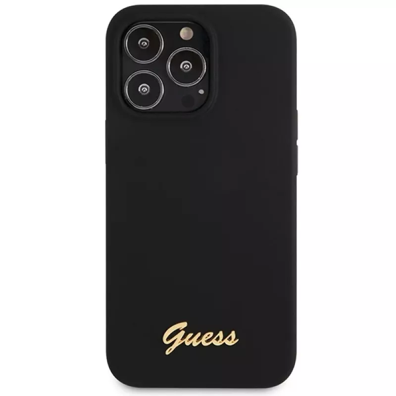 Guess GUHCP13XLSLMGBK iPhone 13 Pro Max 6,7 inch Black Silicone Hard Case with Script Gold Logo